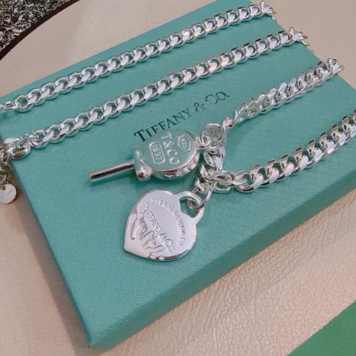 Tiffany & Co. Silver Chain Necklace with Lollipop and Heart Charms